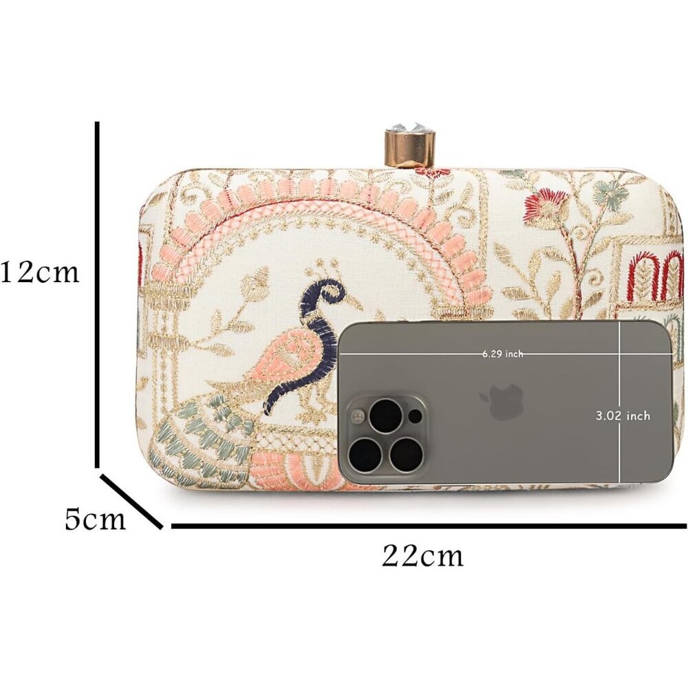 Handcrafted Zari Embroidery Box Clutch - Elegant Evening Purse in Cream - Picture 4 of 7